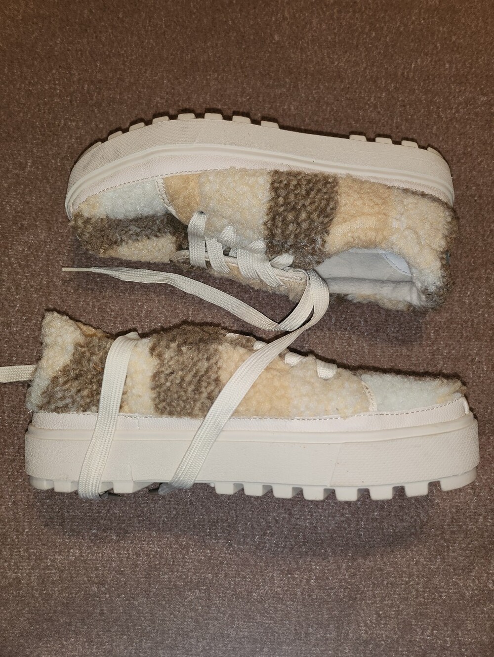 Toms Sherpa Platform Sneakers in Cream and Brown Plaid